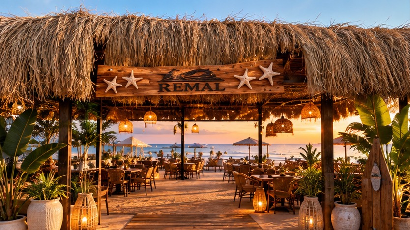 Entrance to REMAL Beach Restaurant at sunset