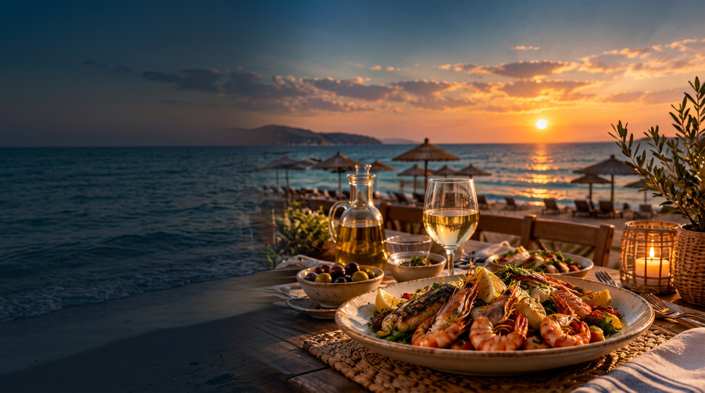 Seafood dinner overlooking the beach at sunset